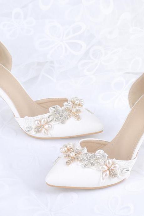 White Pointed-Toe Crystal Beaded d’Orsay Wedding Heels, Stiletto Pumps