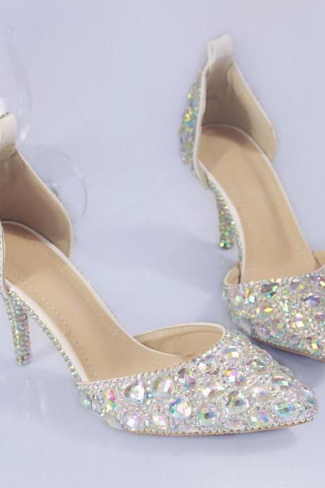 2019 In Stock Sparkle Wedding Heels Women Pumps 10cm High Heels Wedding Bridal Shoes Crystals Lace Pointed Toe High Heels