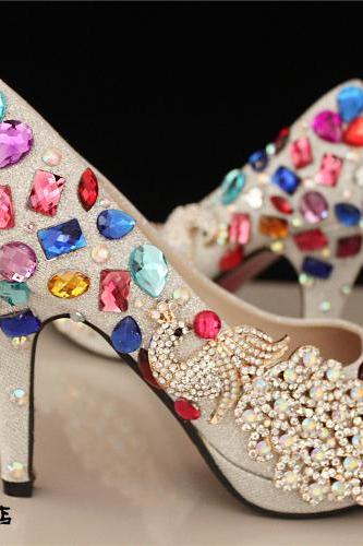 2019 In Stock Sparkle Colorful Wedding Heels Women Pumps 10cm High Heels Wedding Bridal Shoes Crystals Lace Pointed Toe High Heels