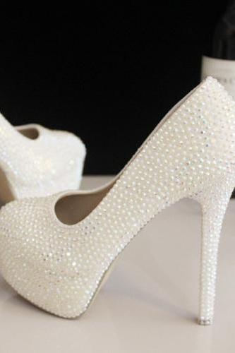2019 In Stock Sparkle Pearls Wedding Heels Women Pumps 10cm High Heels Wedding Bridal Shoes Crystals Lace Pointed Toe High Heels