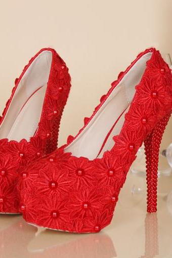 2019 In Stock Sparkle Pearls Red Wedding Heels Women Pumps 10cm High Heels Wedding Bridal Shoes Crystals Lace Pointed Toe High Heels