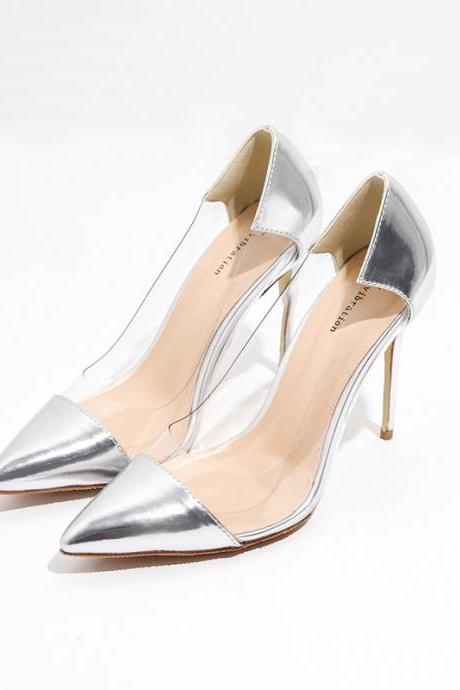 Silver Pointed-Toe Transparent Stilettos, High Heels