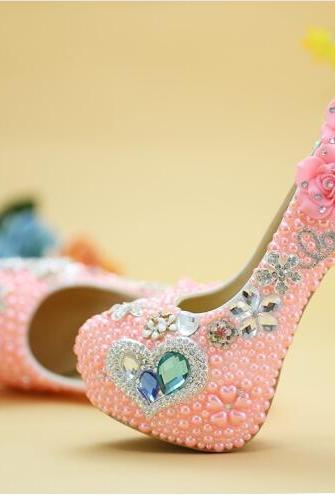 2020 In Stock Luxury Bling Sparkle Pearls Pink Wedding Heels Women Pumps 11cm High Heels Wedding Bridal Shoes Pointed Toe High Heels