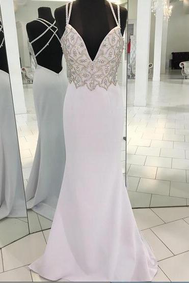 2020 White Mermaid Prom Dresses Halter Beading Crystals Crisscross Back Evening Dress Formal Gowns Vestidos