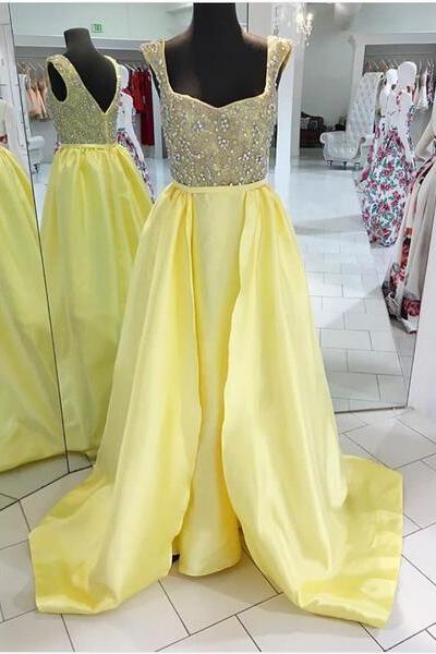 2020 Yellow Sheath Satin Prom Dresses Scoop Beading Crystals Sleeveless with Detachable Train Evening Dress Formal Gowns 