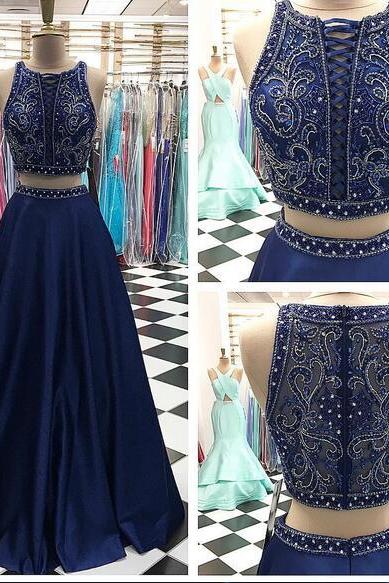 2020 Navy Blue Two Pieces Satin Prom Dresses Crew Neck Beading Crystals Evening Dress Formal Gowns Vestidos