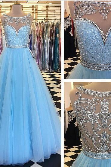 2020 Baby Blue Ball Gown Tulle Prom Dresses Crew Neck Beading Crystals Evening Dress Formal Gowns Vestidos