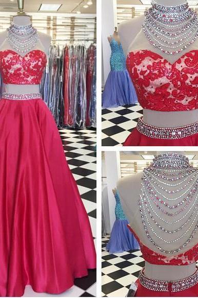 2020 Red Two Pieces Prom Dresses High Neck Sleeveless Beading Crystals Evening Dress Formal Gowns Vestidos