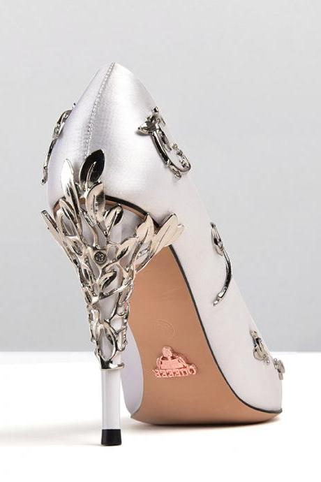 White satin bridal wedding shoes eden pumps high heels with leaves shoes for evening/prom/party