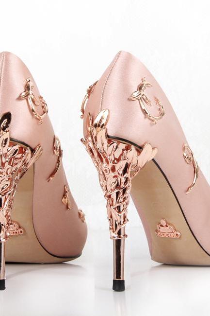 Pink satin bridal wedding shoes eden pumps high heels with leaves shoes for evening/prom/party