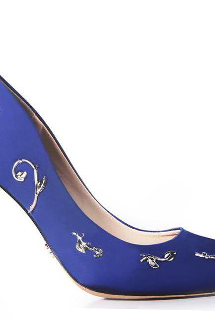 Royal Blue satin bridal wedding shoes eden pumps high heels with leaves shoes for evening/prom/party