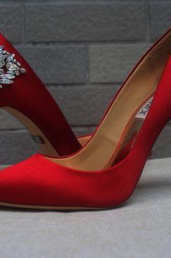 Red Pointed Toe High Heel Bridal Pumps with Crystal Embellishments, Wedding Shoes, Prom Heels