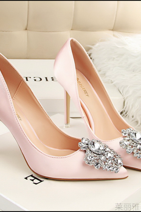 Crystal Embellished Pink Satin Pointed-Toe High Heel Stilettos, Bridal Heels