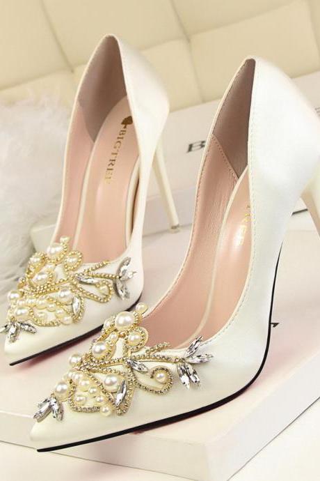 silk wedding shoes with appliques crystals beaded pointed toe high heels shoes for wedding bridesmaid evening party prom
