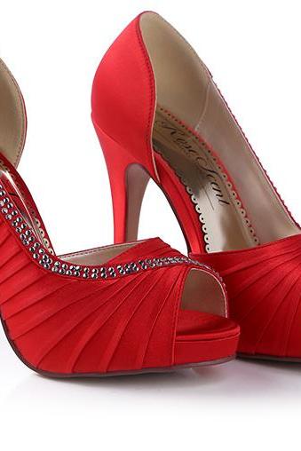 fashion women crystals satin peep toes shoes for wedding red wedding high heels beaded bridesmaid prom party shoes