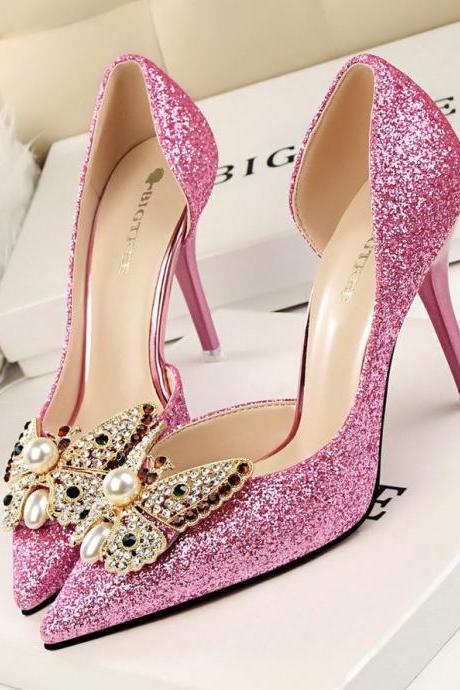 Glittery Pointed Toe High Heel Pumps with Crystal Embellished Butterfly 