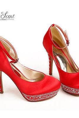 simple satin women high heels crystal wedding shoes red wedding high heels bridesmaid prom party shoes