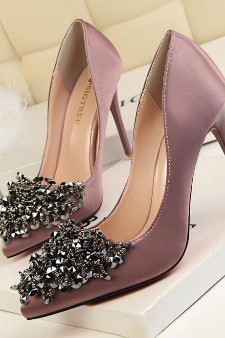 crystal beaded satin wedding shoes high heel pointed toe bridal shoes for bridesmaid prom party evening dinner