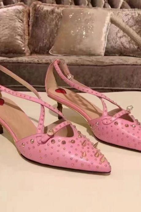 new arrival 2018 pink high heels rivet wedding shoes women genuine leather pointed toe shoes for weedding party evening