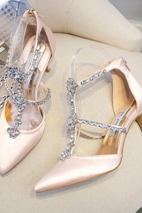 Crystal Embellished T-strap Pointed Toe High Heel Pumps With Back Zipper , Wedding Shoes