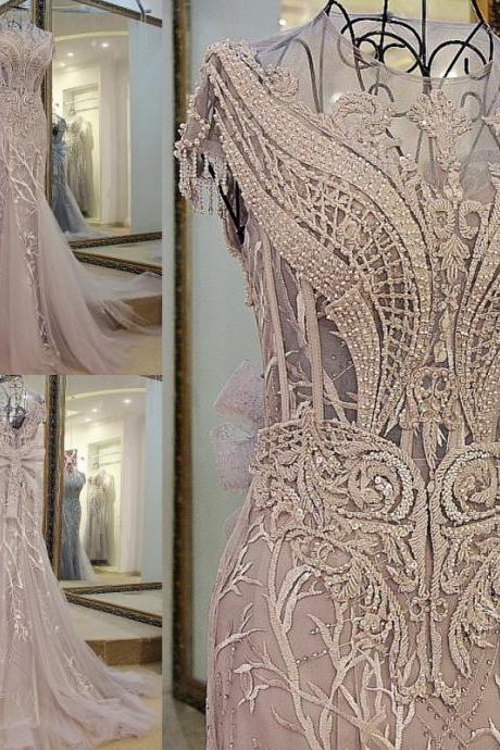 Luxury Elegant Mermaid Unique Prom Dresses Lace Beading Crystals Evening Dress Party Gowns