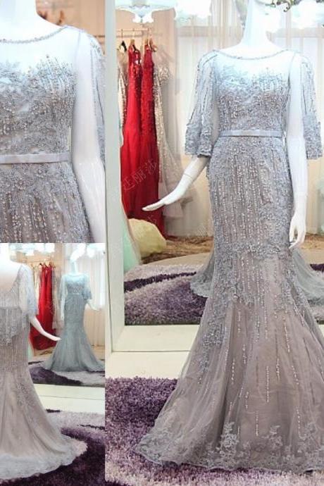 Luxury Elegant Mermaid Unique Prom Dresses Crew Neck Beading Crystals Evening Dress Party Gowns
