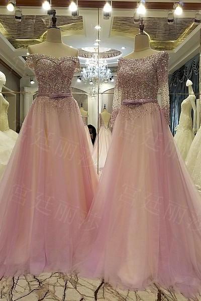 Light Pink A Line Tulle Prom Dresses Off the Shoulder Beading Crystals Sheer Long Sleeve Evening Dress Party Gowns