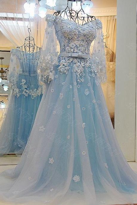 Baby Blue A Line Tulle Prom Dresses Sheer Long Sleeve Handmade Flowers Appliques Lace Evening Dress Party Gowns