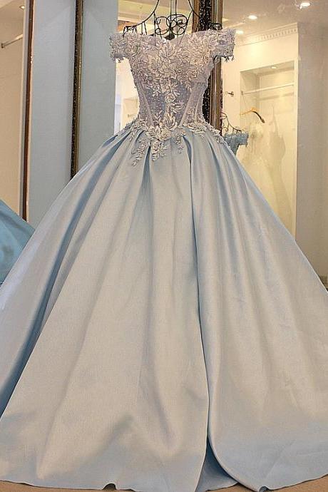 Baby Blue Ball Gown Tulle Prom Dresses Off the Shoulder Handmade Flowers Appliques Lace Evening Dress Party Gowns