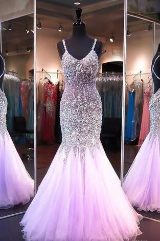 2018 Latest Light Purple Mermaid Long Prom Dresses Beaded Crystal Long Pageant Dresses Criss Cross Back Evening Prom Gown Vestido De Fiesta