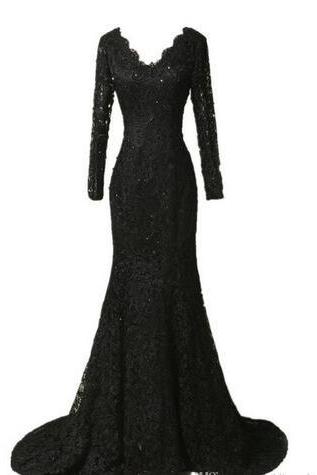 Elegant Long Sleeve Lace Prom Dresses 2018 Black Mermaid Evening Dresses Long Vestidos De Festa Curto