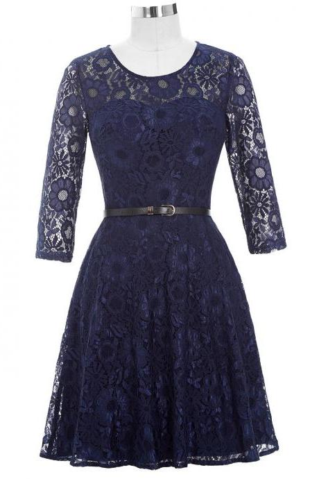 Mother of the Bride Dresses with Belt 2020 Half Sleeve Lace Vintage Dresses Mother Bride for Wedding Navy Blue Short Gown