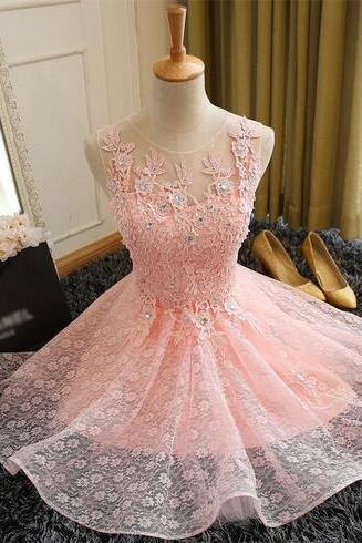Fashion Sweet Pink Lace Flower Sleeveless Short Cocktail Dress The Bride Banquet Party dresses Homecoming Dress Robe De Soiree