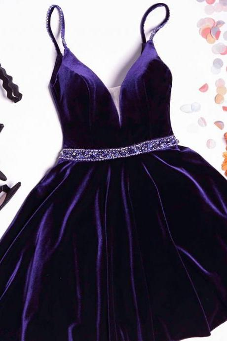 A-line Purple Velvet Crystal Short Homecoming Dresses,2017 Spaghetti Straps Party Dress