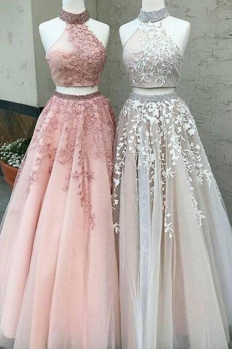 Stunning Two Pieces Lace Prom Dresses Beaded Halter Neck Sequined Party Evening Dress Floor Length Tulle Appliqued Formal Gowns