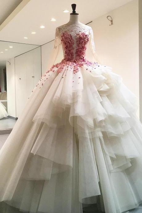 Elegant Illusion Bodice Ball Gowns Wedding Dresses Full Long Sleeves Floor Length Sweep Train With Rose Petal Princess Bridal Gowns