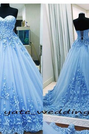 Ball Gown Prom Dresses Sweetheart Appliques Tulle Backless Bandage Light Blue Evening Gowns Quinceanera Dresses Sweet 16 Dresses