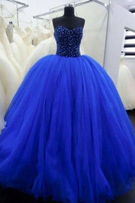 2020 Royal Blue Ball Gown Tulle Evening Dresses Sweetheart Sleeveless Beaded Crystals Puffy Prom Formal Gowns Vestidos Party Dress