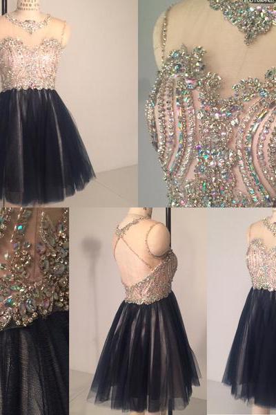 2016 Black A Line Organza Mini Short Homecoming Dresses Crew Neck Beaded Crystals Embellished Cocktail Prom Party Gowns