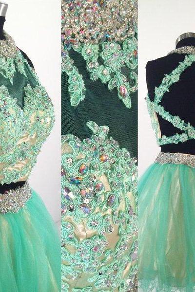 2016 A Line Tulle Mini Short Homecoming Dresses Crew Neck Beaded Crystals Lace Embellished Cocktail Prom Party Gowns