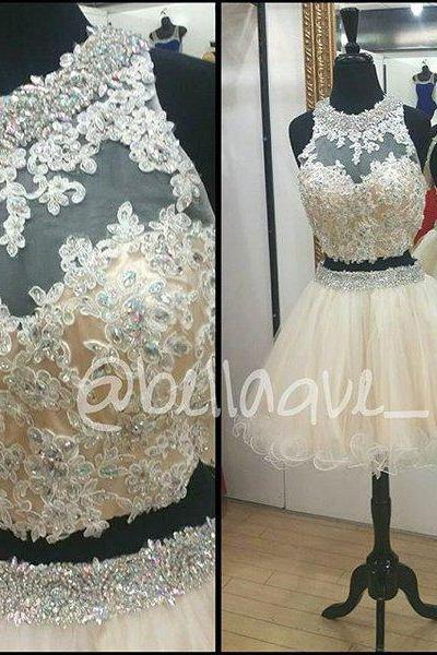 2016 White A Line Organza Mini Short Homecoming Dresses Sheer Crew Neck Beaded Crystals Lace Embellished Cocktail Prom Party Gowns