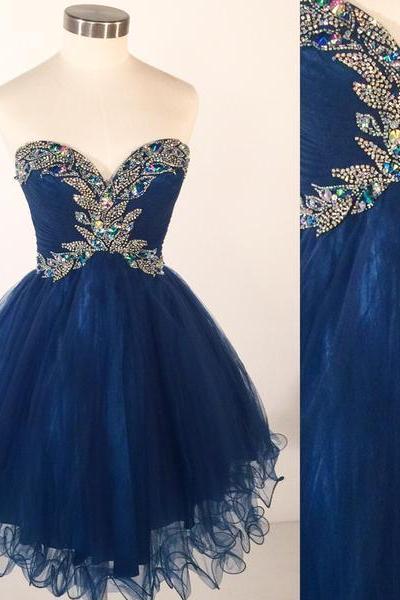 2016 A Line Tulle Mini Short Homecoming Dresses Sweetheart Beaded Crystals Embellished Cocktail Prom Party Gowns