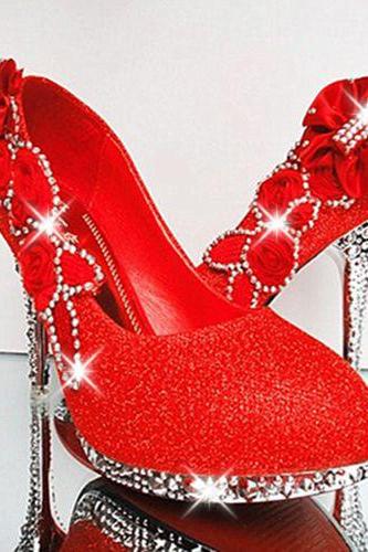 2015 Red Luxury Bling Women Pumps 10cm High Heels Wedding Shoes Handmade Flowers Crystals Pointed Toe High Heel Cinderella