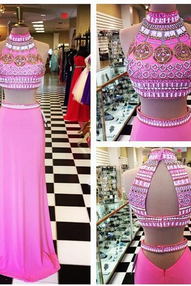 2016 Two Pieces Fuchsia Prom Dresses Beaded Crystals Formal Evening Party Gowns Vestidos