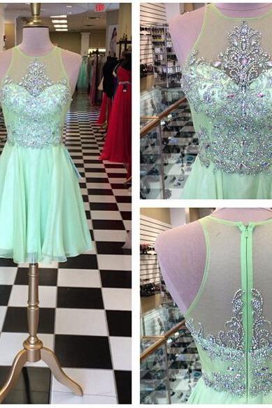 2016 Green A Line Chiffon Prom Dresses Beaded Crystals Homecoming Cocktail Party Gowns Vestidos