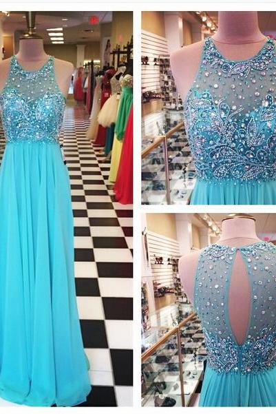 2016 A Line Chiffon Prom Dresses Crew Neck Beaded Crystals Pleat Sleeveless Evening Party Dresses Gowns Vestidos