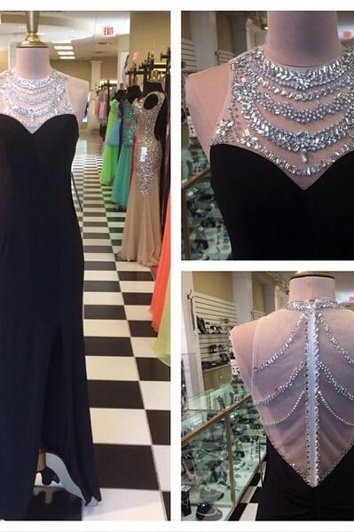 2016 Black Mermaid Satin Prom Dresses Crew Neck Beaded Crystals Sleeveless Formal Evening Party Dresses Gowns Vestidos