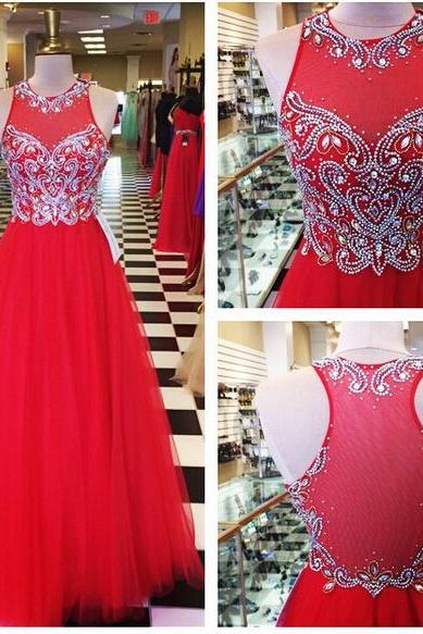 2016 A Line Red Tulle Prom Dresses Beaded Crystals Pleat Evening Party Dresses Gowns Vestidos