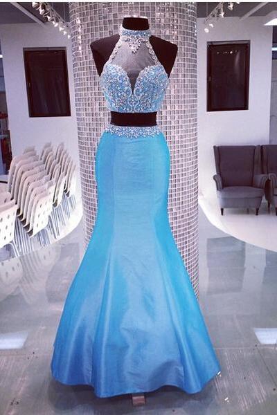 2016 Turquoise Mermaid Satin Two Pieces Prom Dresses Beaded Crystals Pleat Evening Party Dresses Gowns Vestidos