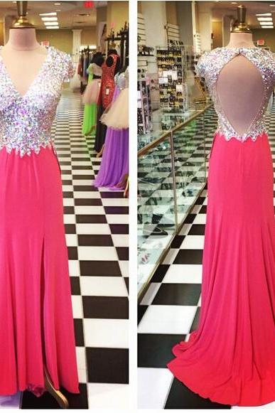 2016 A Line Red Chiffon Prom Dresses Beaded Crystals Pleat Evening Party Dresses Gowns Vestidos